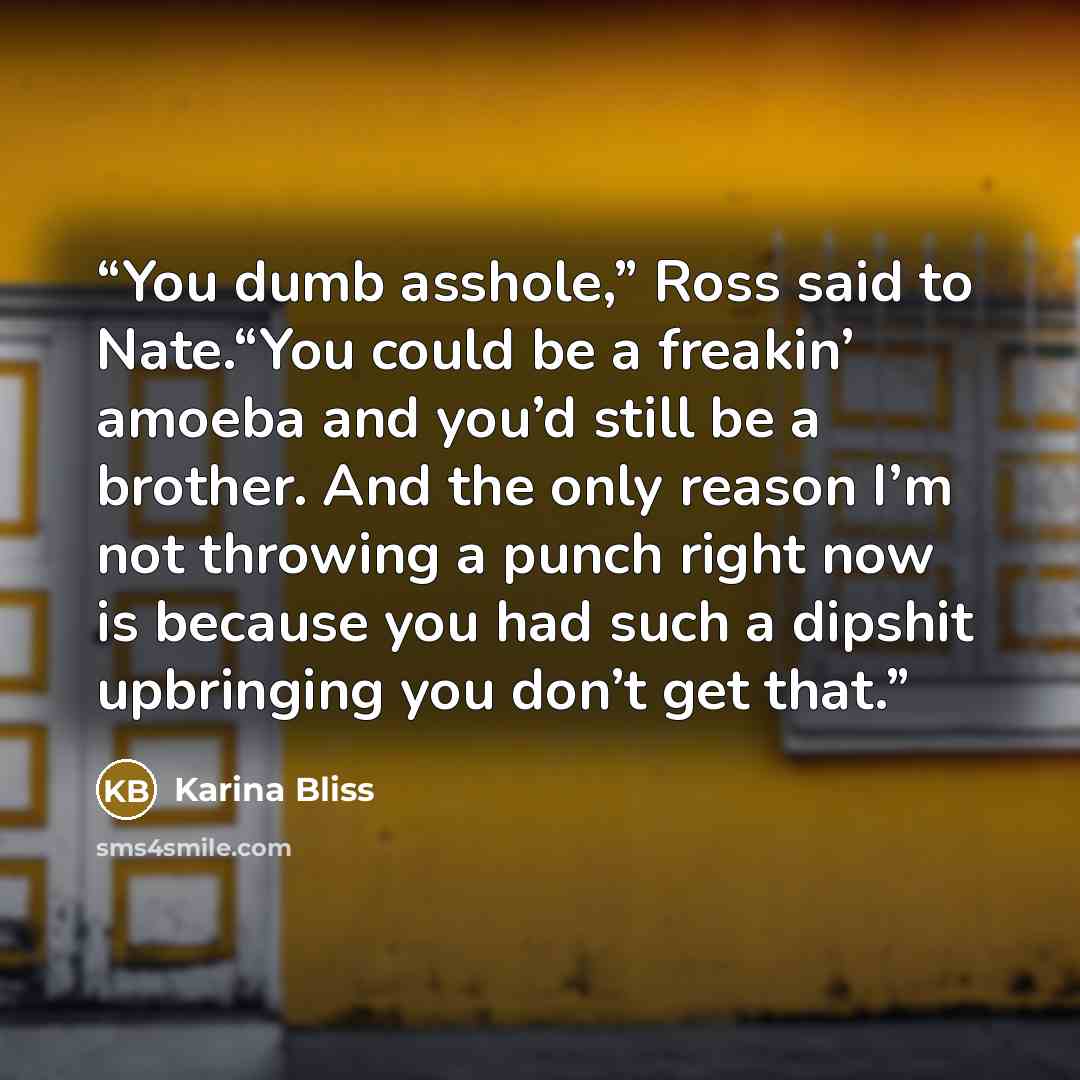 “You dumb asshole,” Ross said to Nate.“You could be a freakin’ amoeba and you’d still be a brother. And the only reason I’m not throwing a punch right now is because you had such a dipshit upbringing you don’t get that.” quote by Karina Bliss