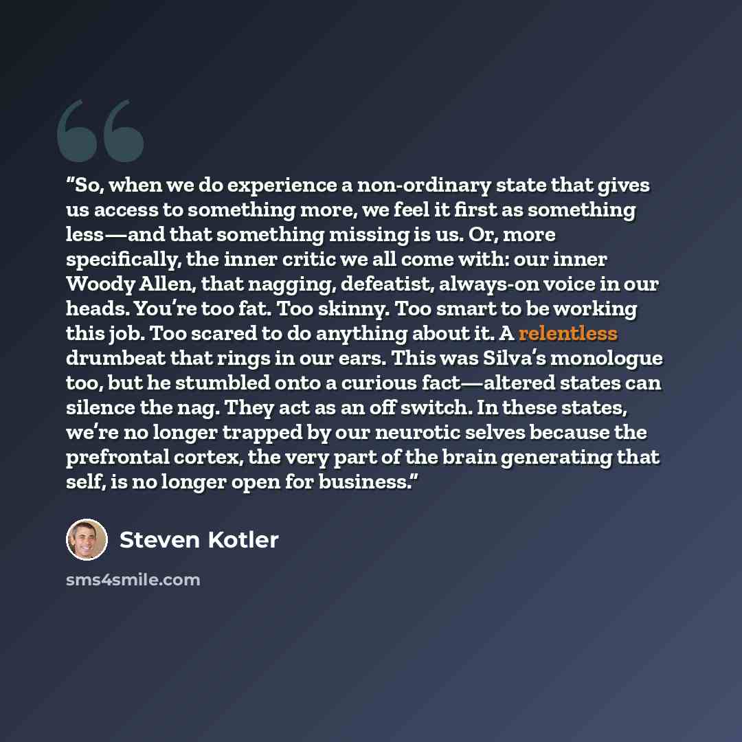 “So, when we do experience a non-ordinary state that gives us access to something more, we feel it first as something less—and that something missing is us. Or, more specifically, the inner critic we all come with: our inner Woody Allen, that nagging, defeatist, always-on voice in our heads. You’re…” quote by Steven Kotler