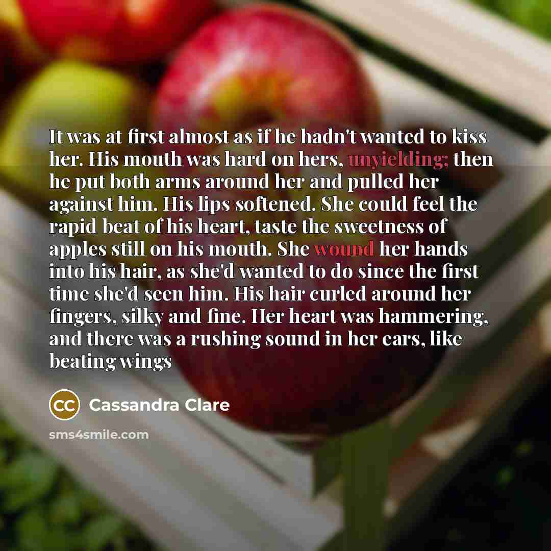 “It was at first almost as if he hadn't wanted to kiss her. His mouth was hard on hers, unyielding; then he put both arms around her and pulled her against him. His lips softened. She could feel the rapid beat of his heart, taste the sweetness of apples still on his mouth. She wound her hands into…” quote by Cassandra Clare