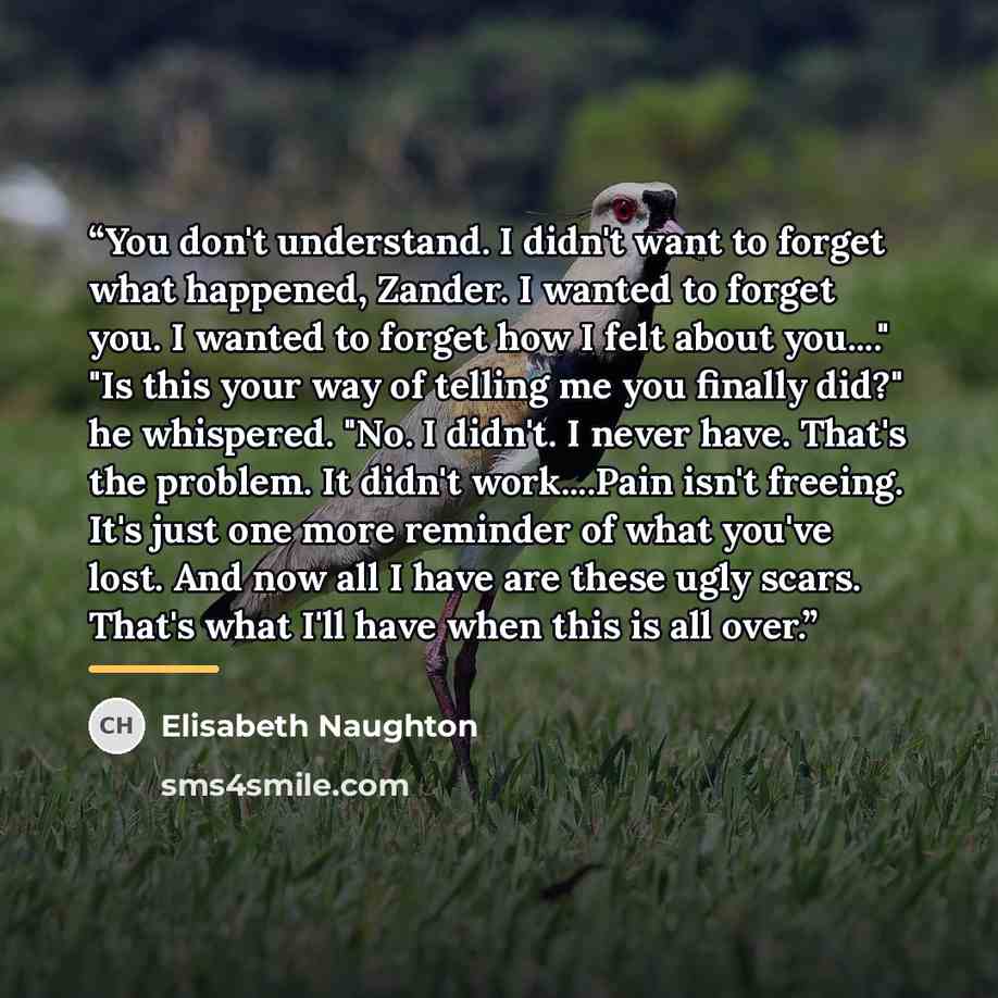 “You don't understand. I didn't want to forget what happened, Zander. I wanted to forget you. I wanted to forget how I felt about you…" "Is this your way of telling me you finally did?" he whispered. "No. I didn't. I never have. That's the problem. It didn't work…Pain isn't freeing. It's just one…” quote by Elisabeth Naughton