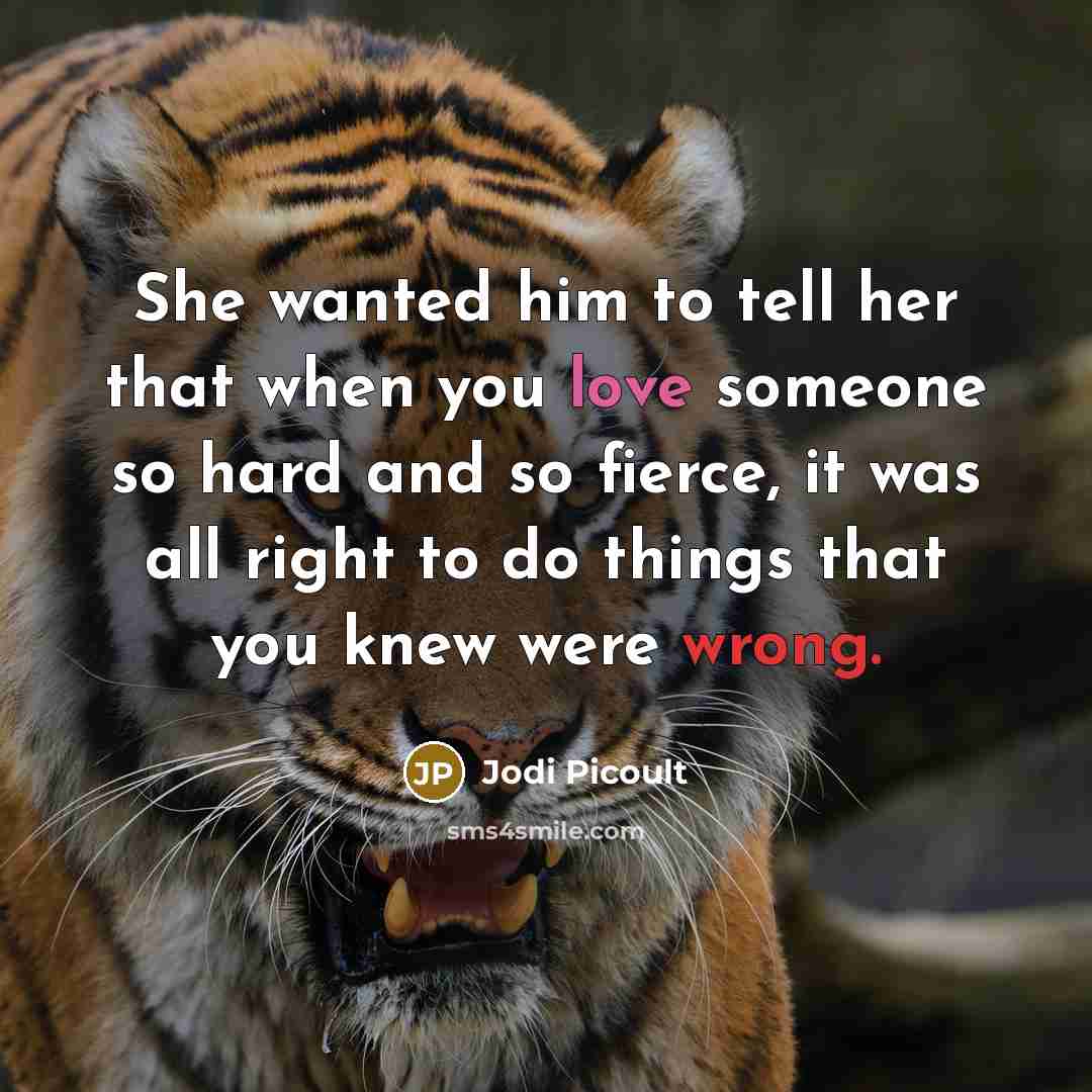 “She wanted him to tell her that when you love someone so hard and so fierce, it was all right to do things that you knew were wrong.” quote by Jodi Picoult