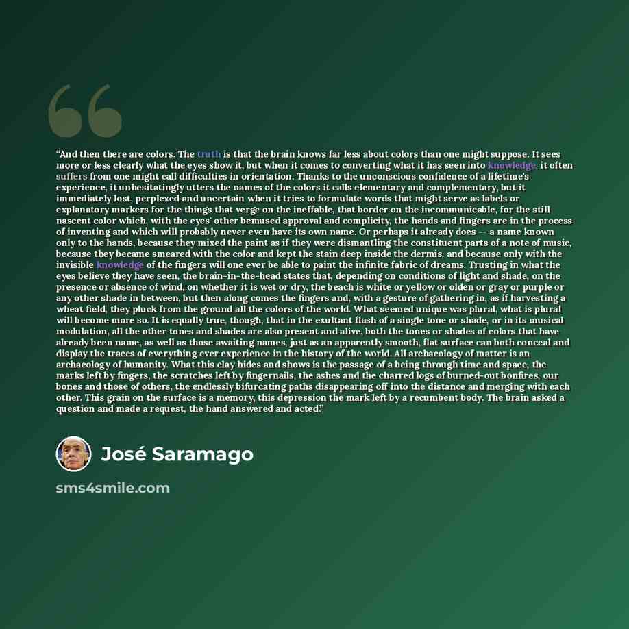“And then there are colors. The truth is that the brain knows far less about colors than one might suppose. It sees more or less clearly what the eyes show it, but when it comes to converting what it has seen into knowledge, it often suffers from one might call difficulties in orientation. Thanks…” quote by José Saramago