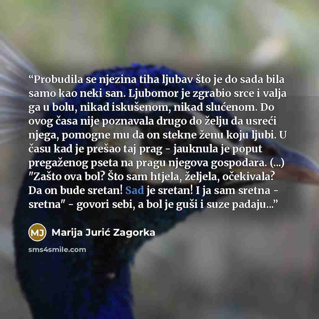 “Probudila se njezina tiha ljubav što je do sada bila samo kao neki san. Ljubomor je zgrabio srce i valja ga u bolu, nikad iskušenom, nikad slućenom. Do ovog časa nije poznavala drugo do želju da usreći njega, pomogne mu da on stekne ženu koju ljubi. U času kad je prešao taj prag - jauknula je…” quote by Marija Jurić Zagorka