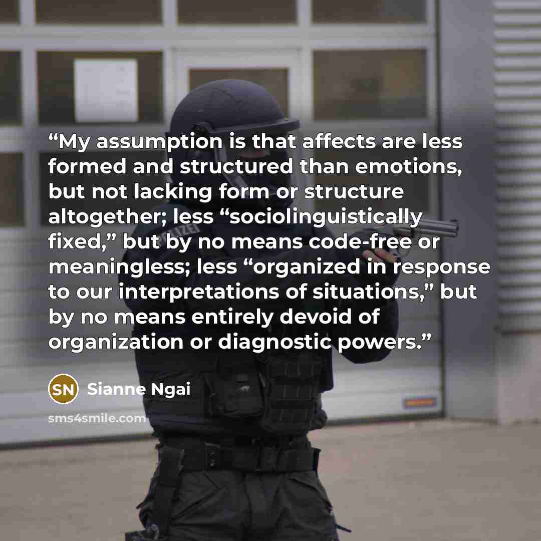 “My assumption is that affects are less formed and structured than emotions, but not lacking form or structure altogether; less “sociolinguistically fixed,” but by no means code-free or meaningless; less “organized in response to our interpretations of situations,” but by no means entirely devoid…” quote by Sianne Ngai