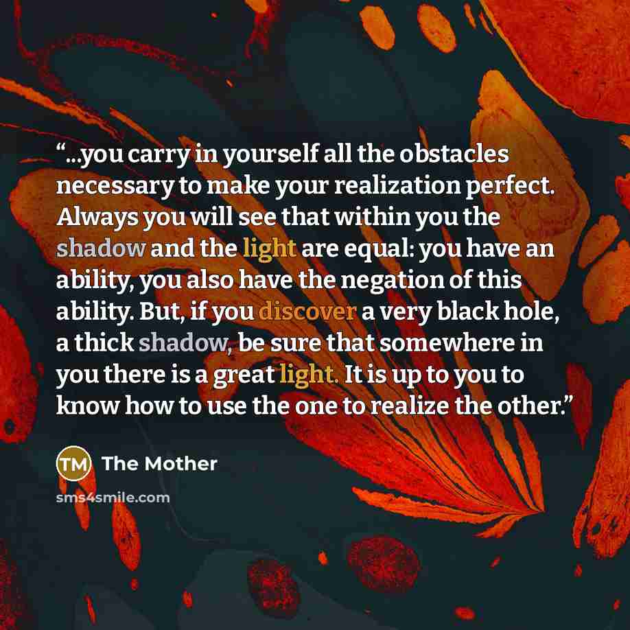 “...you carry in yourself all the obstacles necessary to make your realization perfect. Always you will see that within you the shadow and the light are equal: you have an ability, you also have the negation of this ability. But, if you discover a very black hole, a thick shadow, be sure that…” quote by The Mother