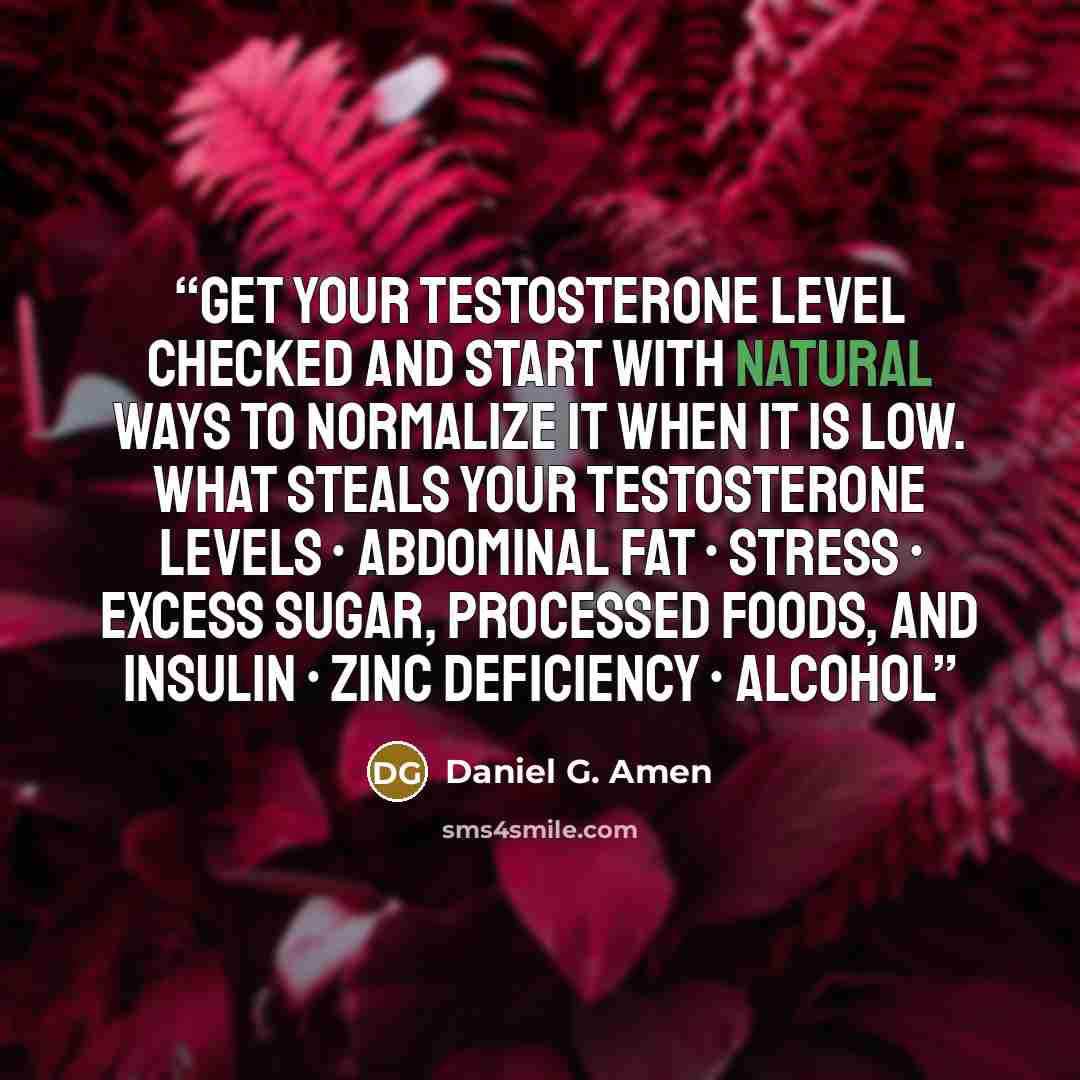 “Get your testosterone level checked and start with natural ways to normalize it when it is low. What Steals Your Testosterone Levels • Abdominal fat • Stress • Excess sugar, processed foods, and insulin • Zinc deficiency • Alcohol” quote by Daniel G. Amen
