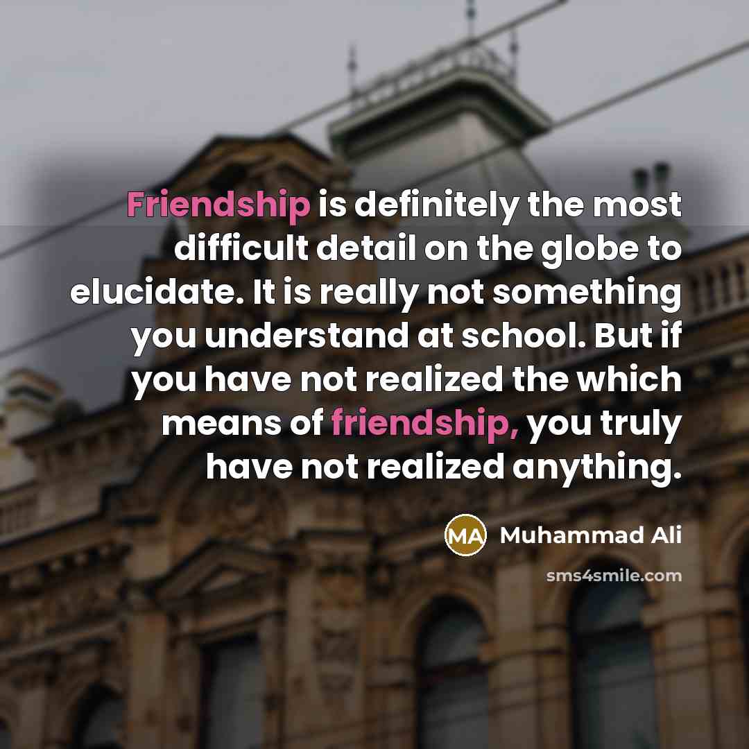 “Friendship is definitely the most difficult detail on the globe to elucidate. It is really not something you understand at school. But if you have not realized the which means of friendship, you truly have not realized anything.” quote by Muhammad Ali