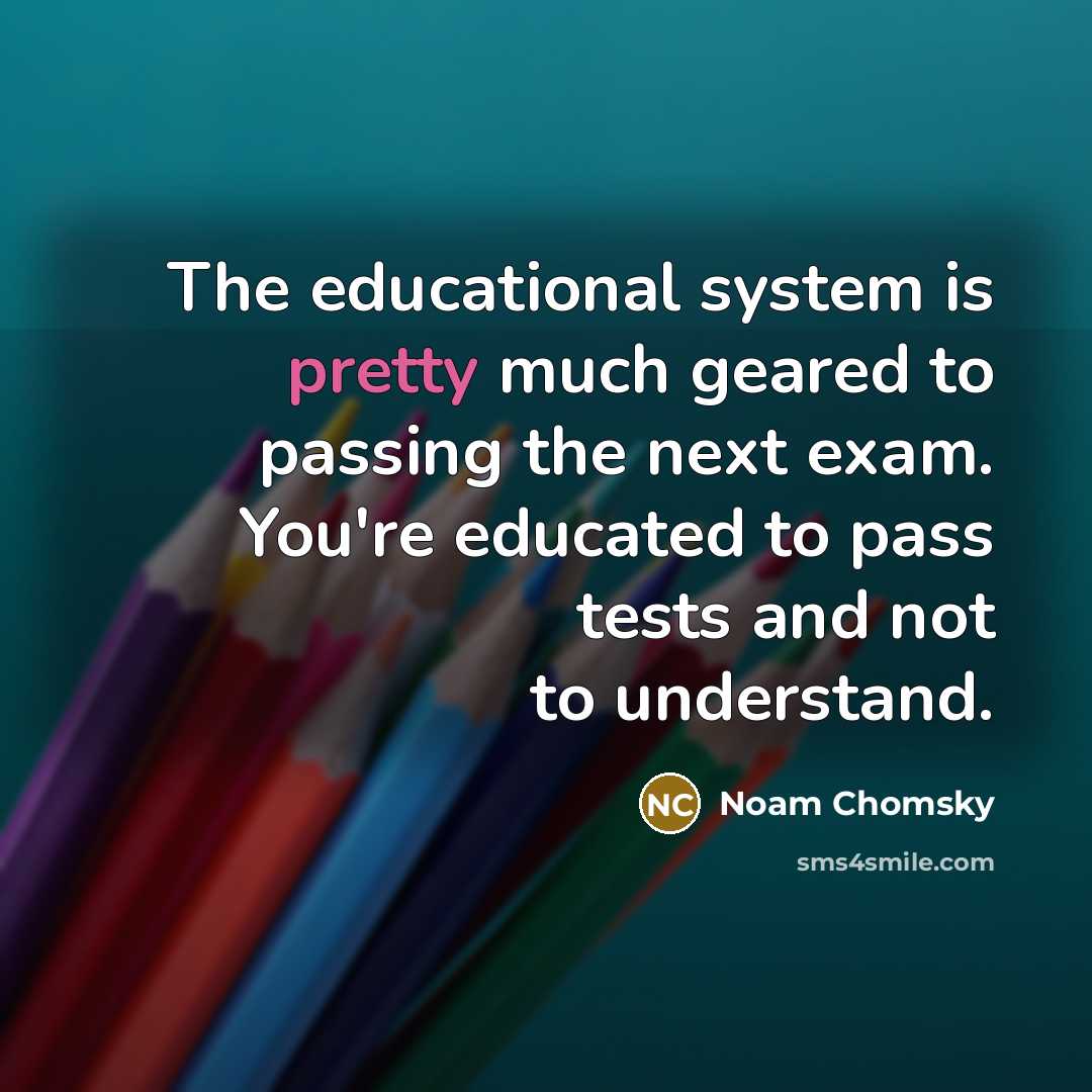 “The educational system is pretty much geared to passing the next exam. You're educated to pass tests and not to understand.” quote by Noam Chomsky