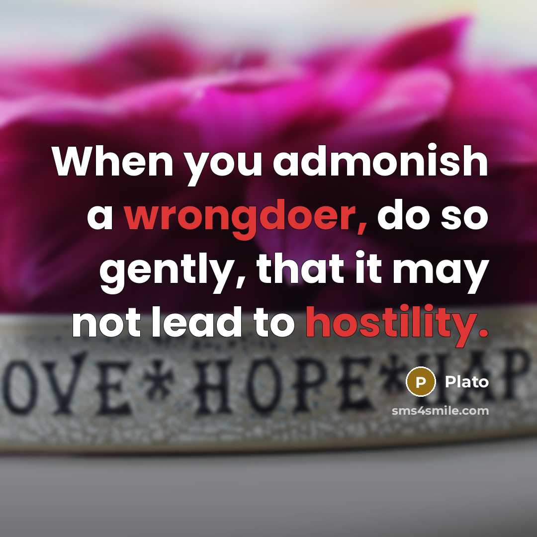 “When you admonish a wrongdoer, do so gently, that it may not lead to hostility.” quote by Plato