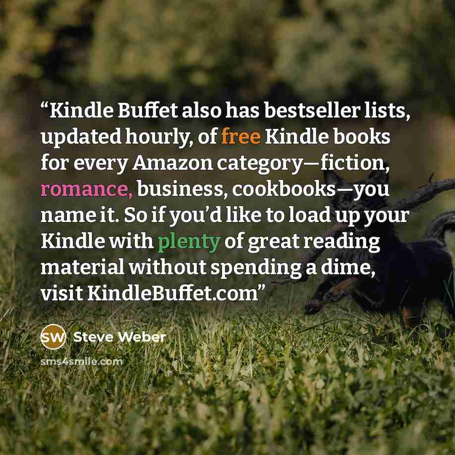 “Kindle Buffet also has bestseller lists, updated hourly, of free Kindle books for every Amazon category—fiction, romance, business, cookbooks—you name it. So if you’d like to load up your Kindle with plenty of great reading material without spending a dime, visit KindleBuffet.com” quote by Steve Weber