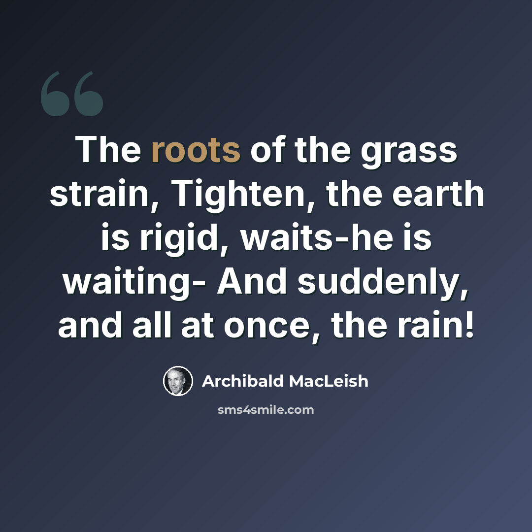 “The roots of the grass strain, Tighten, the earth is rigid, waits-he is waiting- And suddenly, and all at once, the rain!” quote by Archibald MacLeish