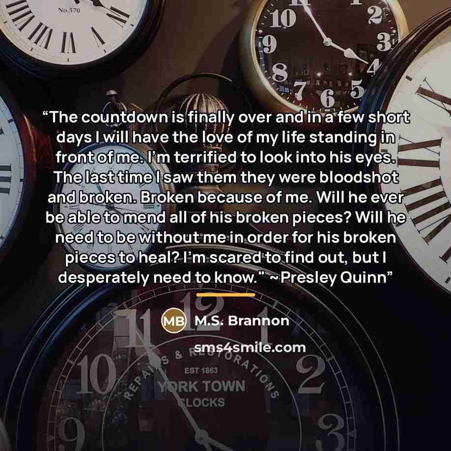 “The countdown is finally over and in a few short days I will have the love of my life standing in front of me. I’m terrified to look into his eyes. The last time I saw them they were bloodshot and broken. Broken because of me. Will he ever be able to mend all of his broken pieces? Will he need to…” quote by M.S. Brannon