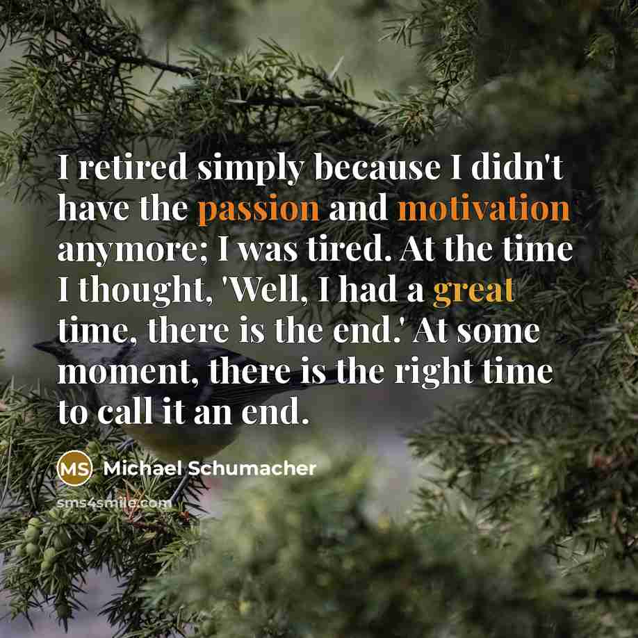 “I retired simply because I didn't have the passion and motivation anymore; I was tired. At the time I thought, 'Well, I had a great time, there is the end.' At some moment, there is the right time to call it an end.” quote by Michael Schumacher