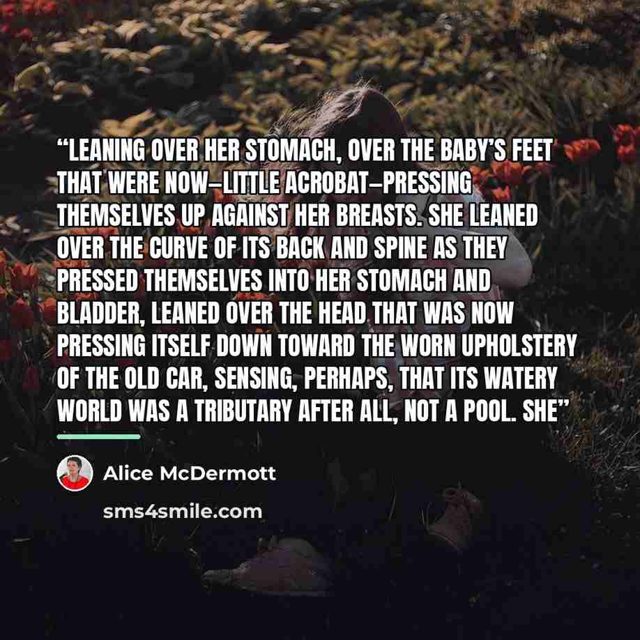 “leaning over her stomach, over the baby’s feet that were now—little acrobat—pressing themselves up against her breasts. She leaned over the curve of its back and spine as they pressed themselves into her stomach and bladder, leaned over the head that was now pressing itself down toward the worn…” quote by Alice McDermott