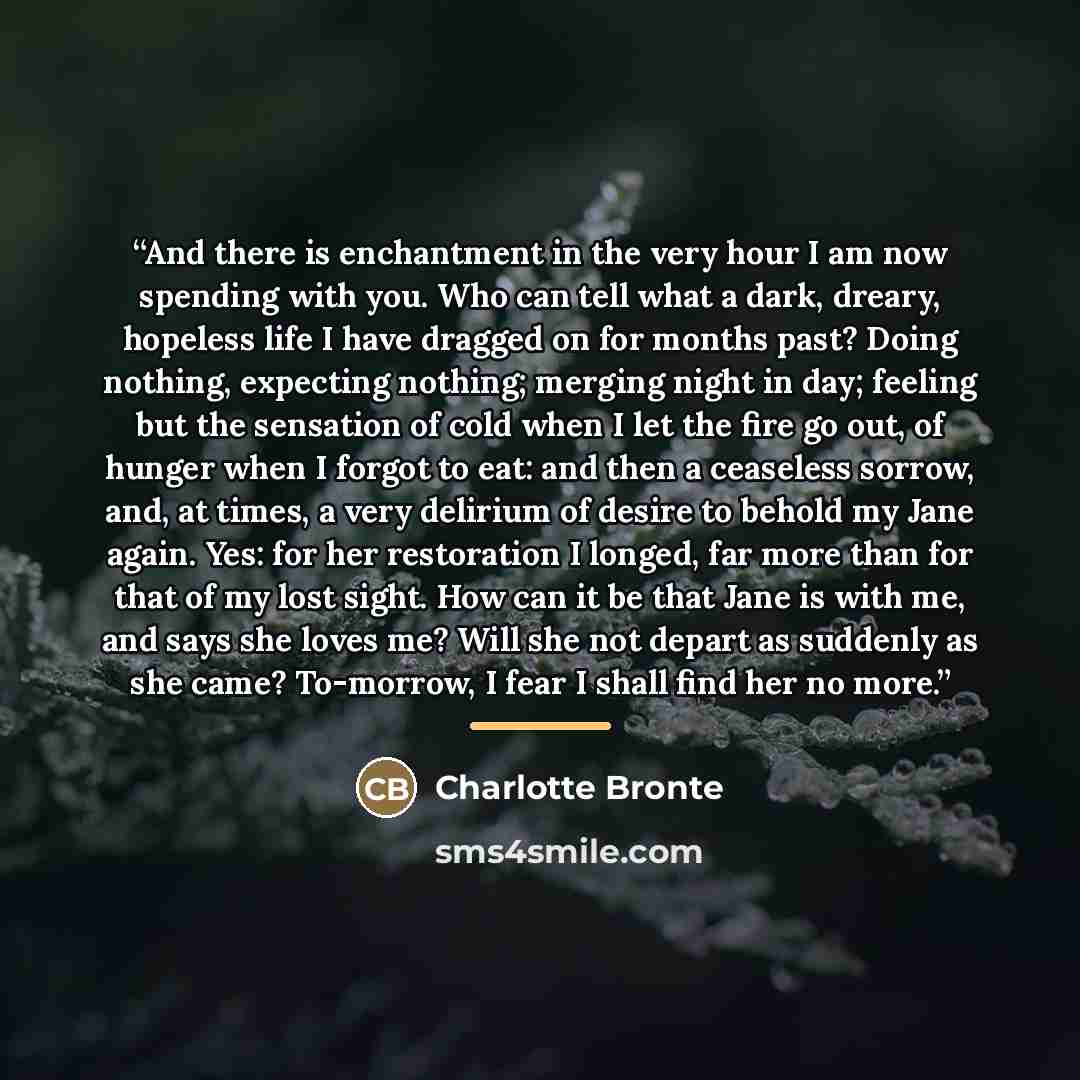 “And there is enchantment in the very hour I am now spending with you. Who can tell what a dark, dreary, hopeless life I have dragged on for months past? Doing nothing, expecting nothing; merging night in day; feeling but the sensation of cold when I let the fire go out, of hunger when I forgot to…” quote by Charlotte Brontë