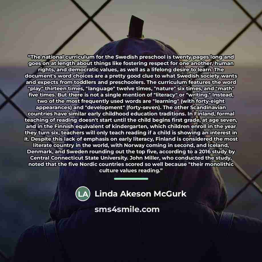 “The national curriculum for the Swedish preschool is twenty pages long and goes on at length about things like fostering respect for one another, human rights, and democratic values, as well as a lifelong desire to learn. The document's word choices are a pretty good clue to what Swedish society…” quote by Linda Akeson McGurk