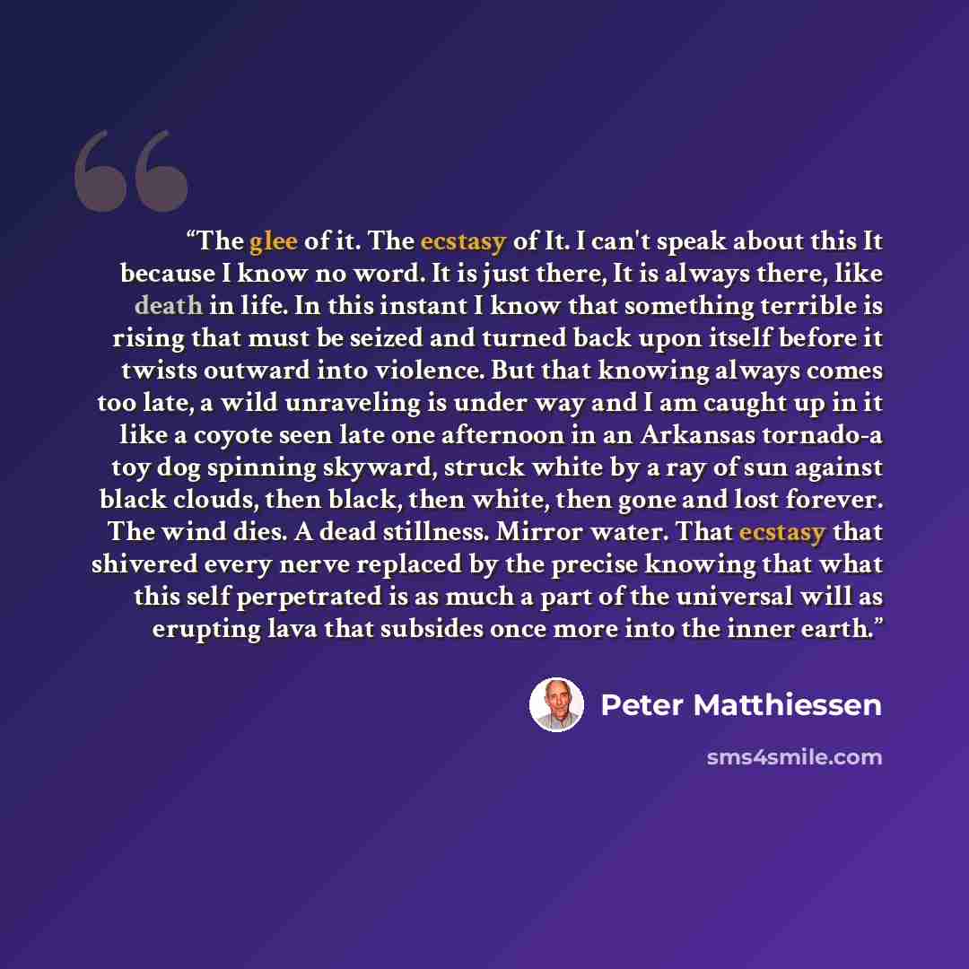 “The glee of it. The ecstasy of It. I can't speak about this It because I know no word. It is just there, It is always there, like death in life. In this instant I know that something terrible is rising that must be seized and turned back upon itself before it twists outward into violence. But that…” quote by Peter Matthiessen