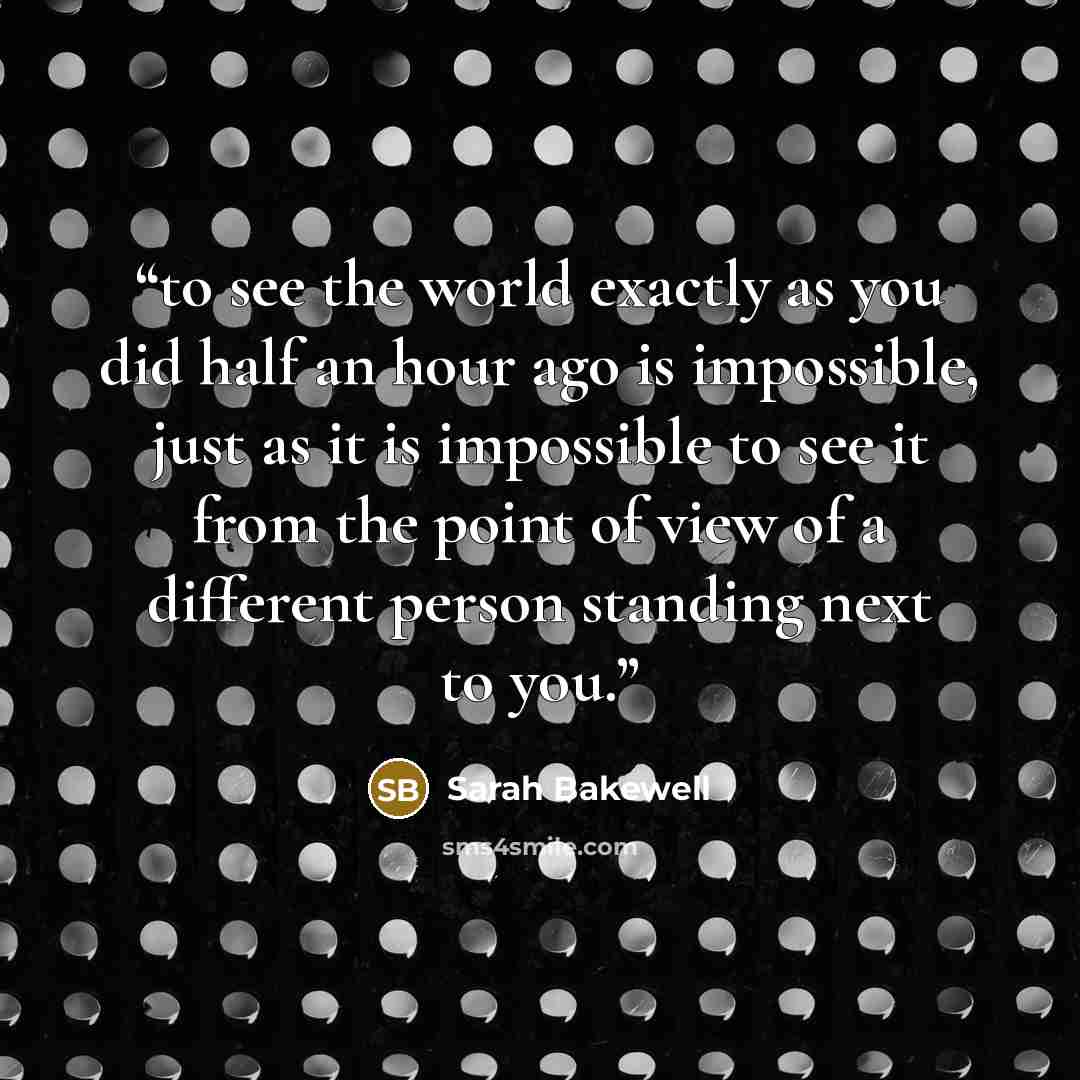 “to see the world exactly as you did half an hour ago is impossible, just as it is impossible to see it from the point of view of a different person standing next to you.” quote by Sarah Bakewell