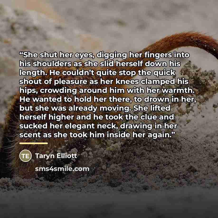 “She shut her eyes, digging her fingers into his shoulders as she slid herself down his length. He couldn’t quite stop the quick shout of pleasure as her knees clamped his hips, crowding around him with her warmth. He wanted to hold her there, to drown in her, but she was already moving. She lifted…” quote by Taryn Elliott