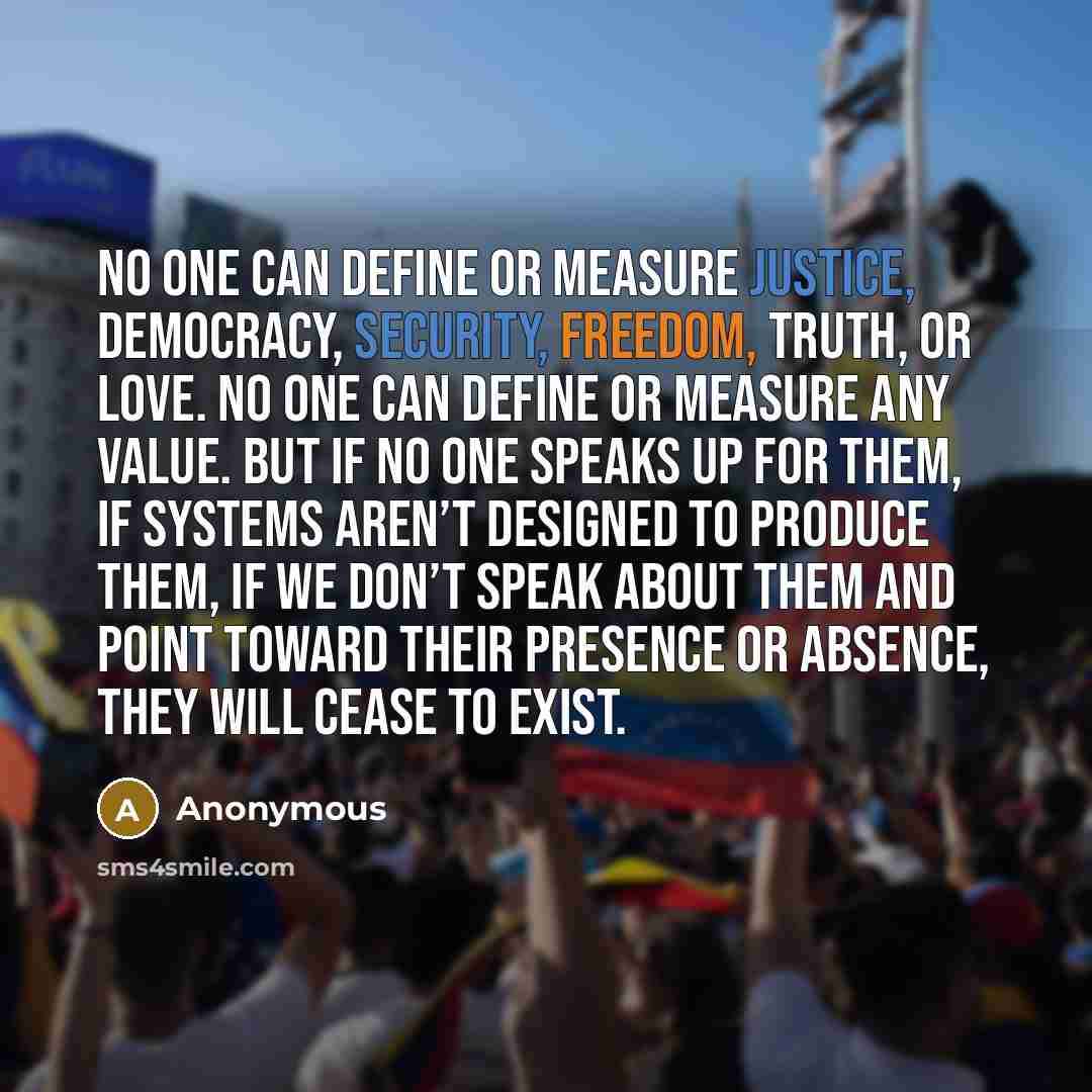 “No one can define or measure justice, democracy, security, freedom, truth, or love. No one can define or measure any value. But if no one speaks up for them, if systems aren’t designed to produce them, if we don’t speak about them and point toward their presence or absence, they will cease to exist.” quote by Anonymous