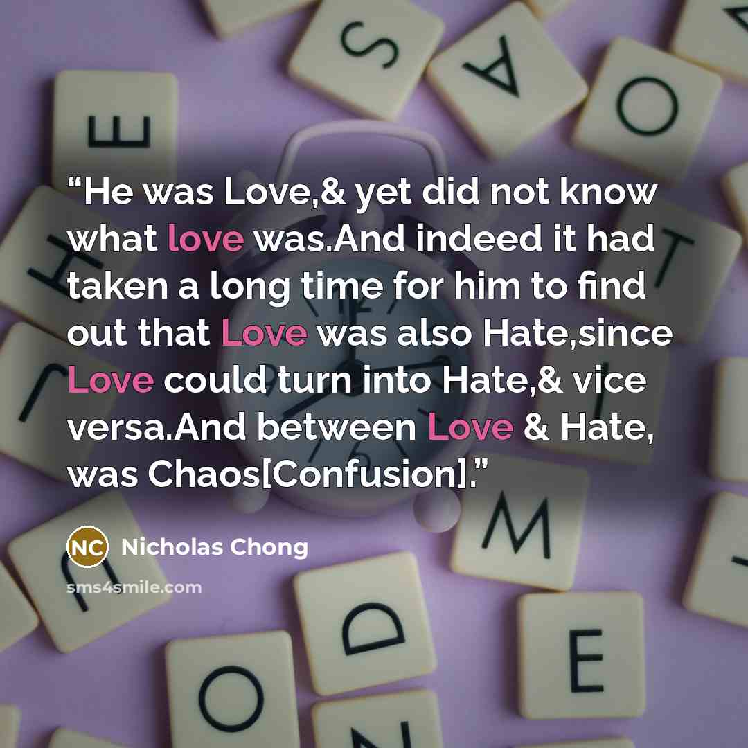 “He was Love,& yet did not know what love was.And indeed it had taken a long time for him to find out that Love was also Hate,since Love could turn into Hate,& vice versa.And between Love & Hate, was Chaos[Confusion].” quote by Nicholas Chong