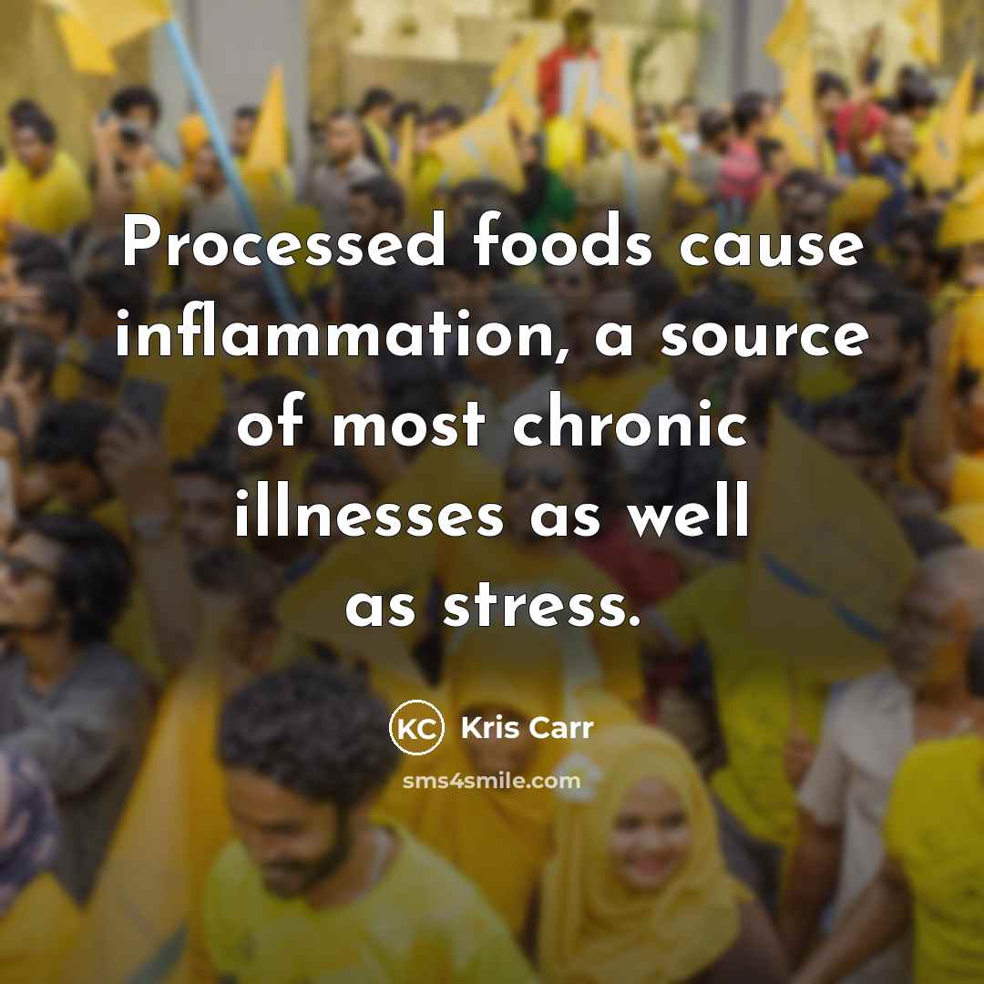 “Processed foods cause inflammation, a source of most chronic illnesses as well as stress.” quote by Kris Carr