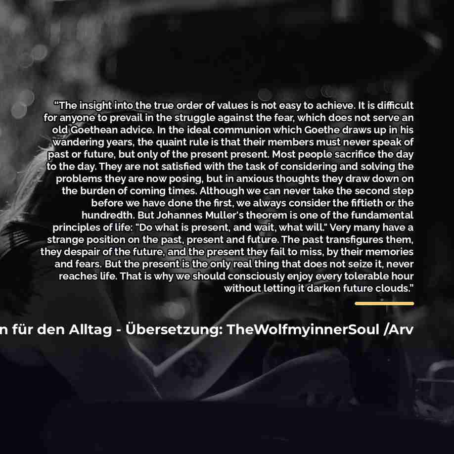 “The insight into the true order of values is not easy to achieve. It is difficult for anyone to prevail in the struggle against the fear, which does not serve an old Goethean advice. In the ideal communion which Goethe draws up in his wandering years, the quaint rule is that their members must…” quote by Gedanken für den Alltag - Übersetzung: TheWolfmyinnerSoul /Arv Ludwig Reiners in : Norbert Kutschki
