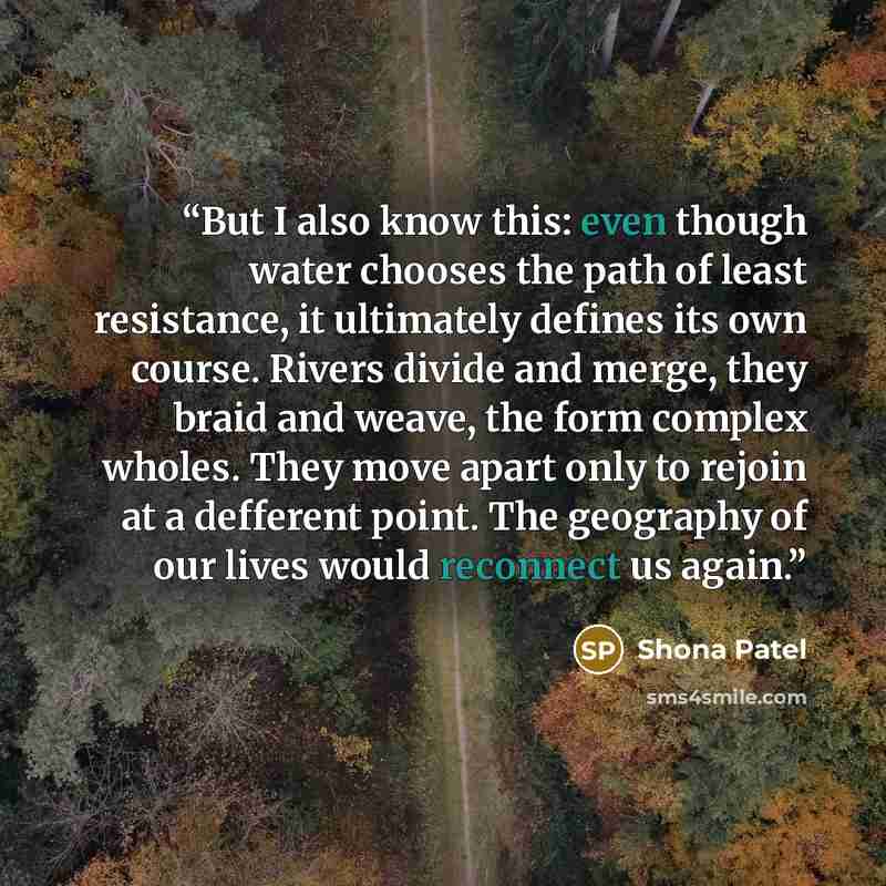 “But I also know this: even though water chooses the path of least resistance, it ultimately defines its own course. Rivers divide and merge, they braid and weave, the form complex wholes. They move apart only to rejoin at a defferent point. The geography of our lives would reconnect us again.” quote by Shona Patel