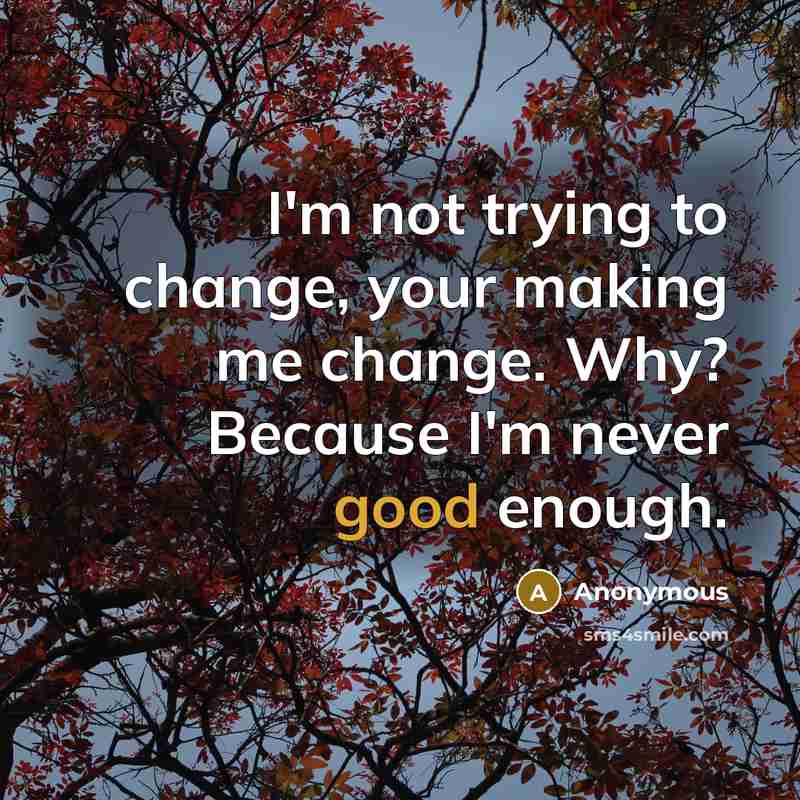 “I'm not trying to change, your making me change. Why? Because I'm never good enough.” quote by Anonymous
