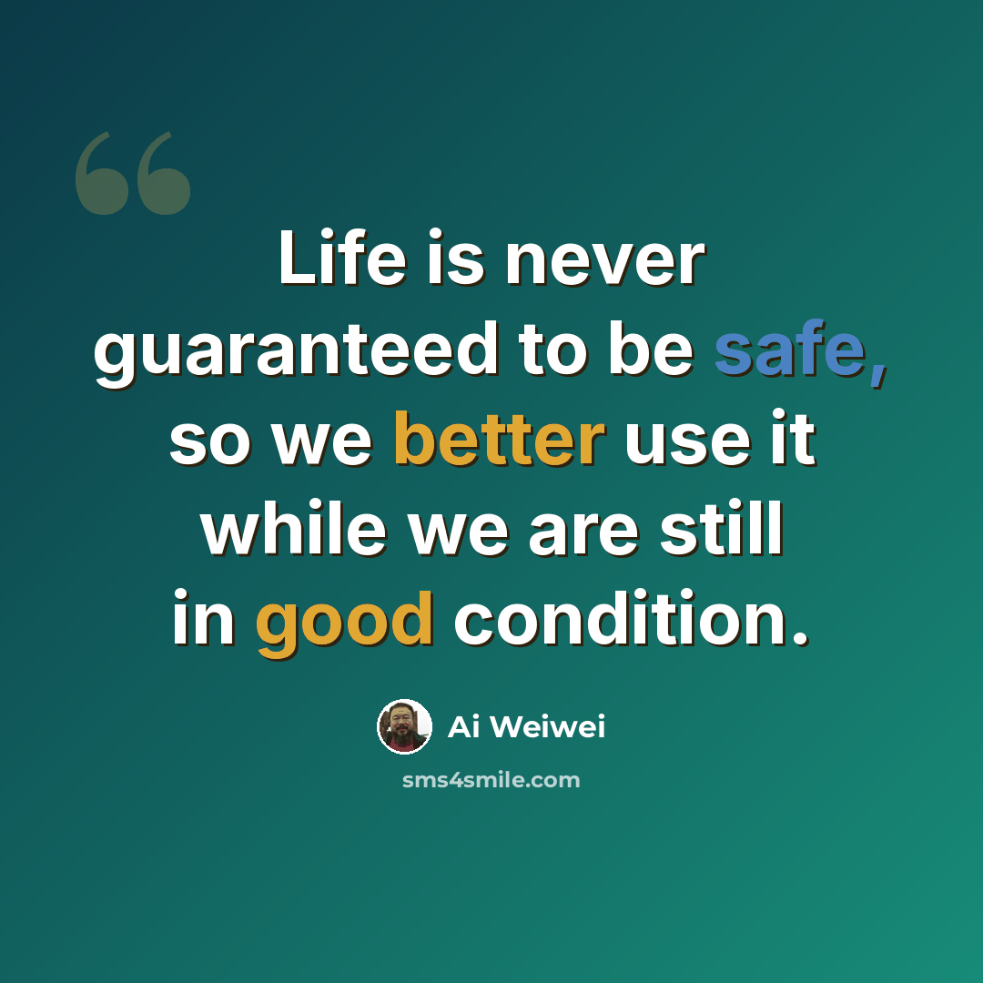 “Life is never guaranteed to be safe, so we better use it while we are still in good condition.” quote by Ai Weiwei