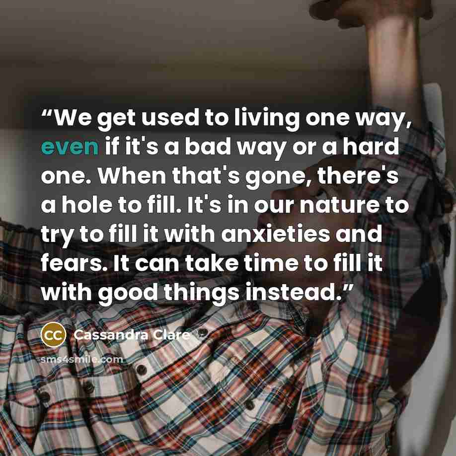 “We get used to living one way, even if it's a bad way or a hard one. When that's gone, there's a hole to fill. It's in our nature to try to fill it with anxieties and fears. It can take time to fill it with good things instead.” quote by Cassandra Clare