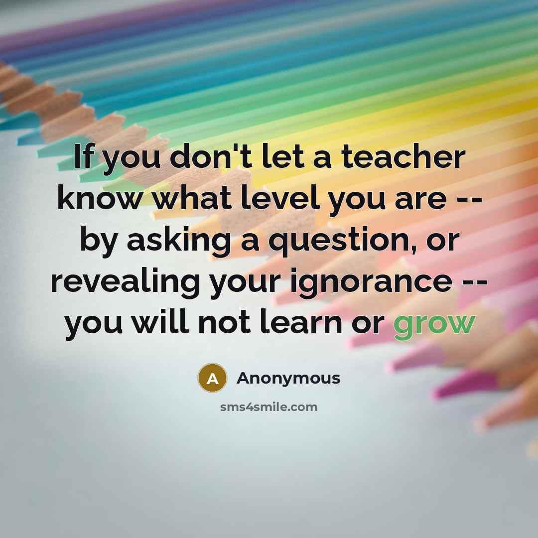 “If you don't let a teacher know what level you are -- by asking a question, or revealing your ignorance -- you will not learn or grow” quote by Anonymous
