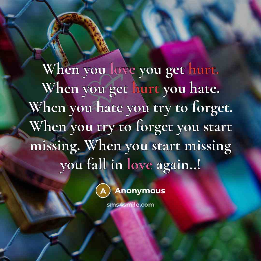 “When you love you get hurt. When you get hurt you hate. When you hate you try to forget. When you try to forget you start missing. When you start missing you fall in love again..!” quote by Anonymous