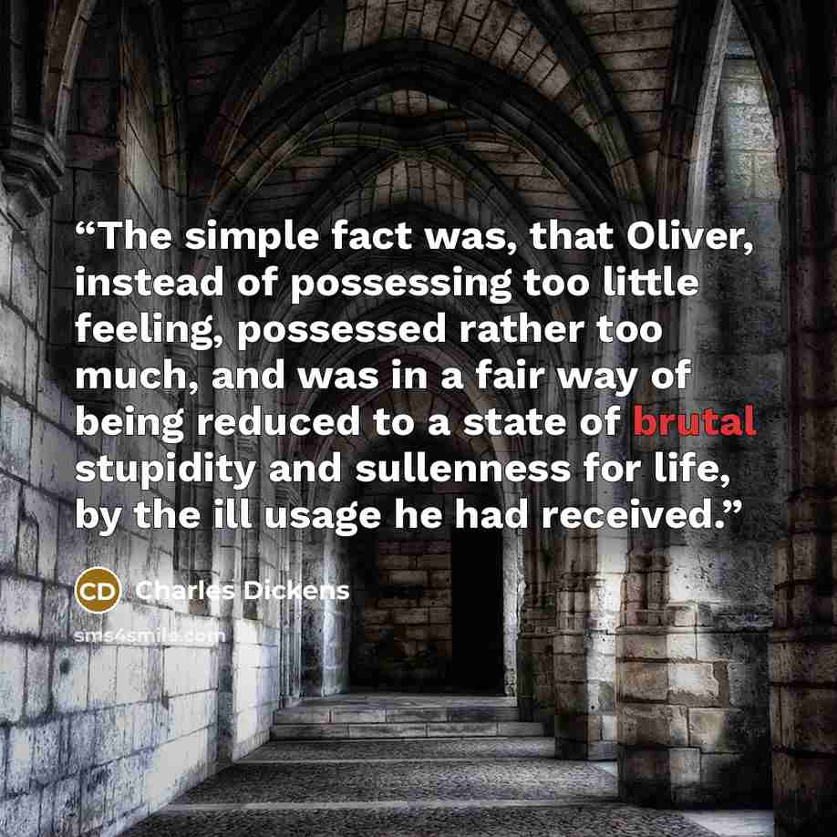 “The simple fact was, that Oliver, instead of possessing too little feeling, possessed rather too much, and was in a fair way of being reduced to a state of brutal stupidity and sullenness for life, by the ill usage he had received.” quote by Charles Dickens