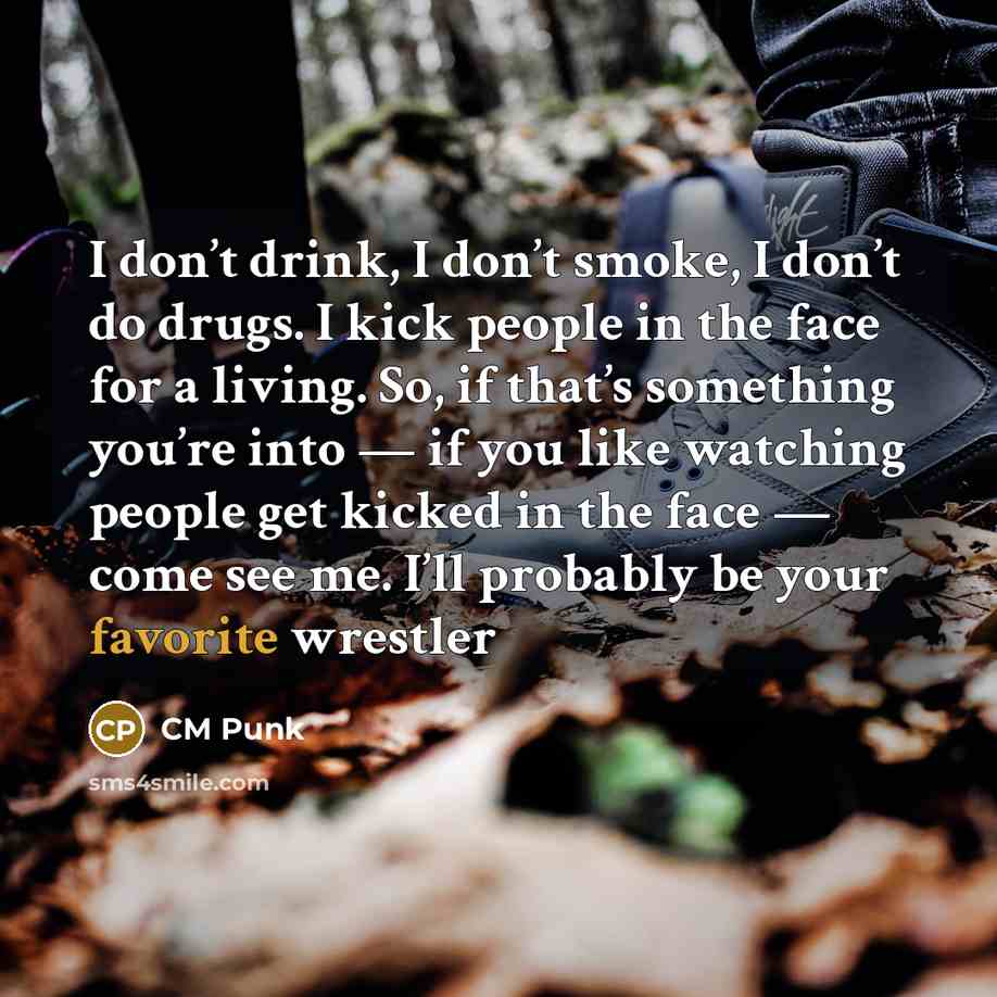 “I don’t drink, I don’t smoke, I don’t do drugs. I kick people in the face for a living. So, if that’s something you’re into — if you like watching people get kicked in the face — come see me. I’ll probably be your favorite wrestler” quote by CM Punk