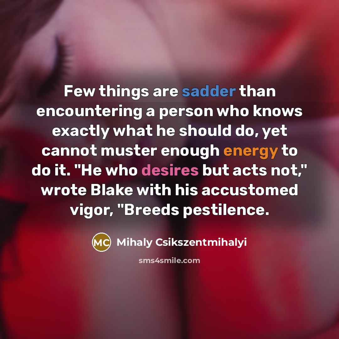 “Few things are sadder than encountering a person who knows exactly what he should do, yet cannot muster enough energy to do it. "He who desires but acts not," wrote Blake with his accustomed vigor, "Breeds pestilence.” quote by Mihaly Csikszentmihalyi