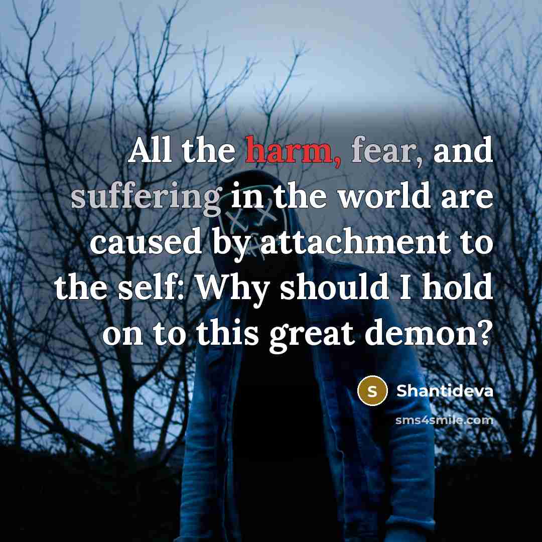 “All the harm, fear, and suffering in the world are caused by attachment to the self: Why should I hold on to this great demon?” quote by Shantideva