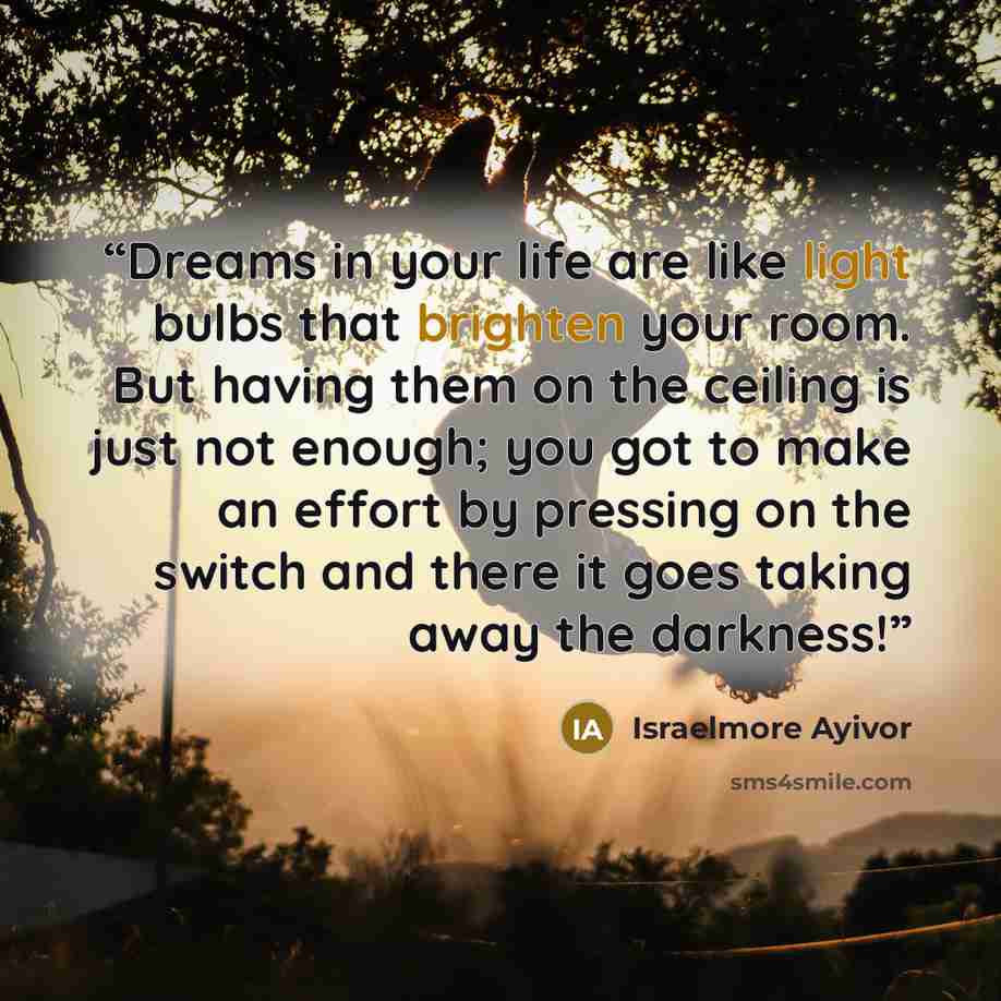 “Dreams in your life are like light bulbs that brighten your room. But having them on the ceiling is just not enough; you got to make an effort by pressing on the switch and there it goes taking away the darkness!” quote by Israelmore Ayivor