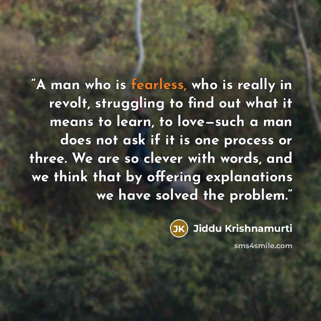 “A man who is fearless, who is really in revolt, struggling to find out what it means to learn, to love—such a man does not ask if it is one process or three. We are so clever with words, and we think that by offering explanations we have solved the problem.” quote by Jiddu Krishnamurti