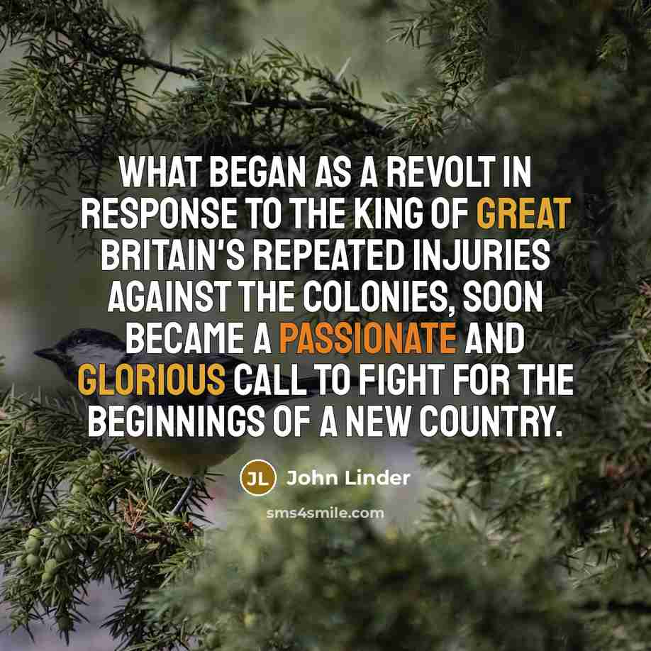 “What began as a revolt in response to the King of Great Britain's repeated injuries against the colonies, soon became a passionate and glorious call to fight for the beginnings of a new country.” quote by John Linder