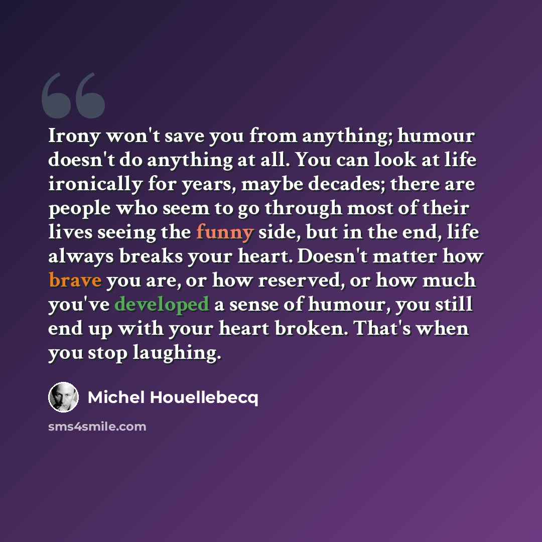 “Irony won't save you from anything; humour doesn't do anything at all. You can look at life ironically for years, maybe decades; there are people who seem to go through most of their lives seeing the funny side, but in the end, life always breaks your heart. Doesn't matter how brave you are, or…” quote by Michel Houellebecq