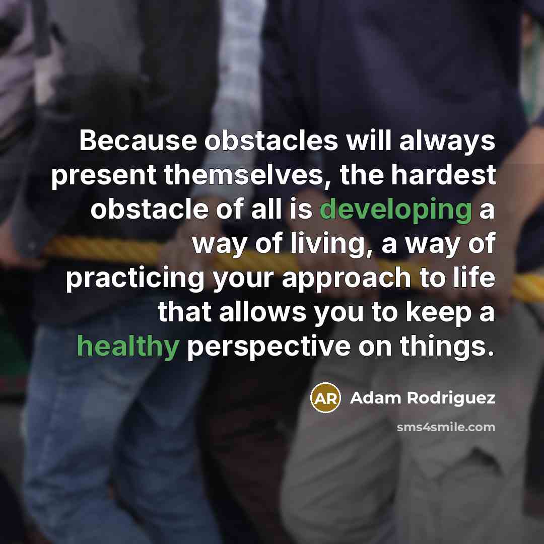 “Because obstacles will always present themselves, the hardest obstacle of all is developing a way of living, a way of practicing your approach to life that allows you to keep a healthy perspective on things.” quote by Adam Rodriguez