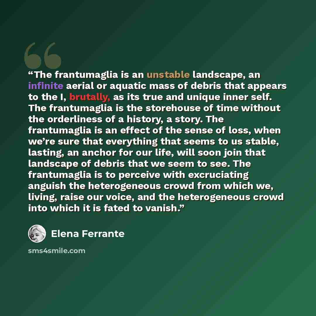 “The frantumaglia is an unstable landscape, an infinite aerial or aquatic mass of debris that appears to the I, brutally, as its true and unique inner self. The frantumaglia is the storehouse of time without the orderliness of a history, a story. The frantumaglia is an effect of the sense of loss…” quote by Elena Ferrante