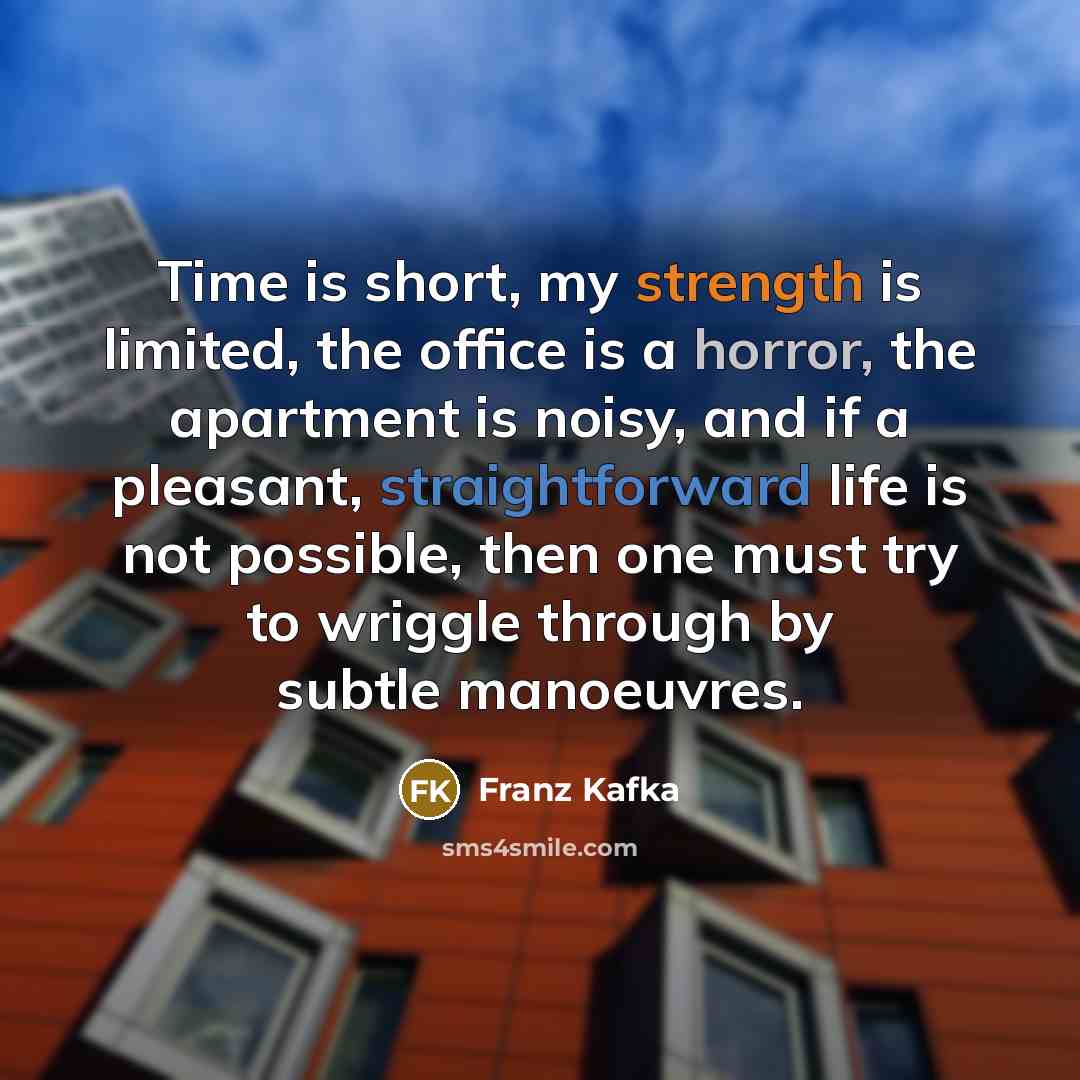 “Time is short, my strength is limited, the office is a horror, the apartment is noisy, and if a pleasant, straightforward life is not possible, then one must try to wriggle through by subtle manoeuvres.” quote by Franz Kafka