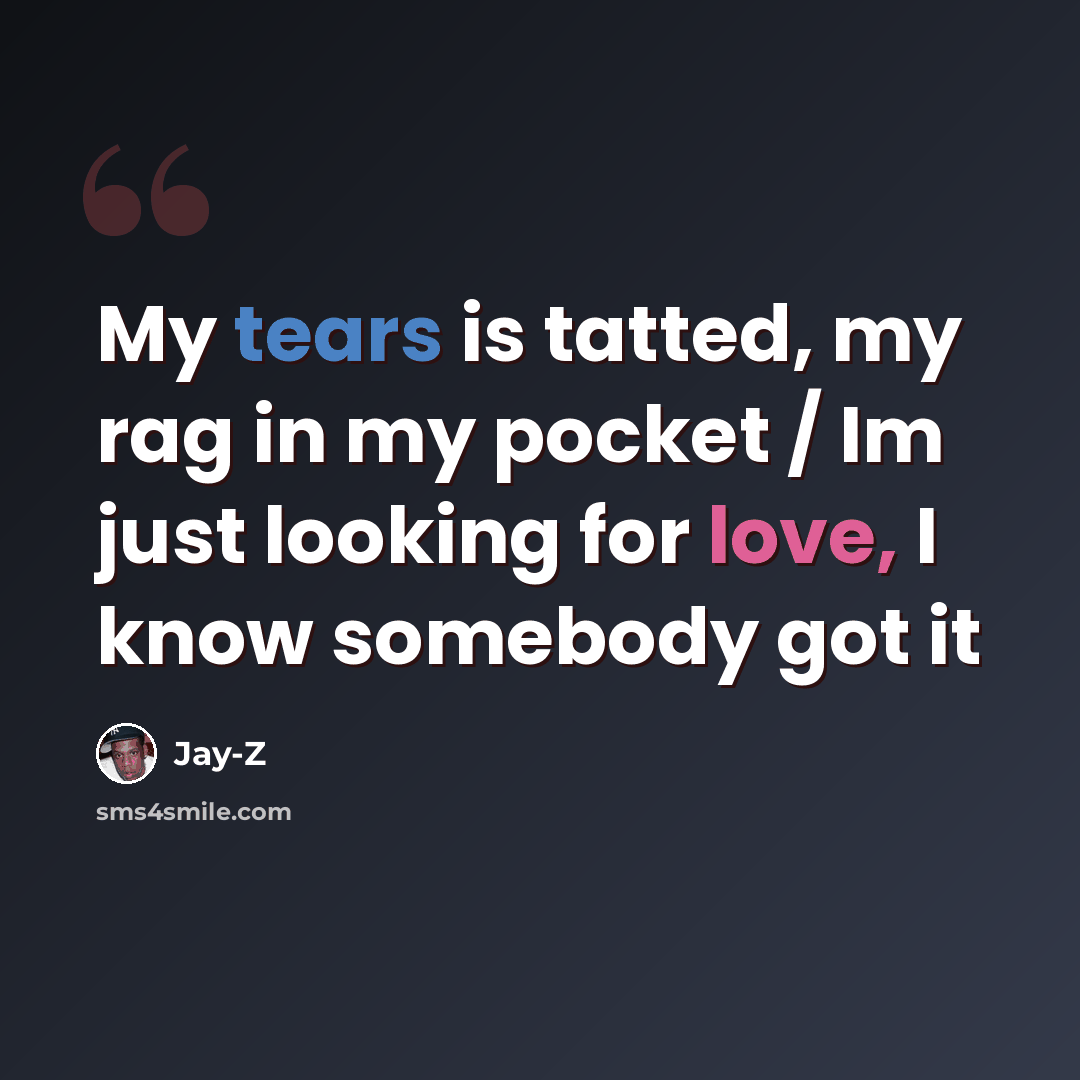 “My tears is tatted, my rag in my pocket / Im just looking for love, I know somebody got it” quote by Jay-Z