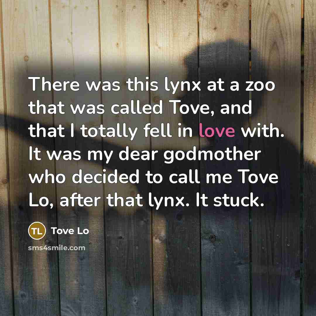 “There was this lynx at a zoo that was called Tove, and that I totally fell in love with. It was my dear godmother who decided to call me Tove Lo, after that lynx. It stuck.” quote by Tove Lo