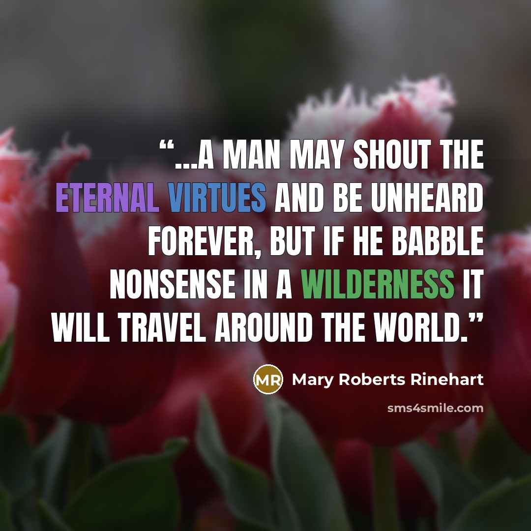 “...a man may shout the eternal virtues and be unheard forever, but if he babble nonsense in a wilderness it will travel around the world.” quote by Mary Roberts Rinehart
