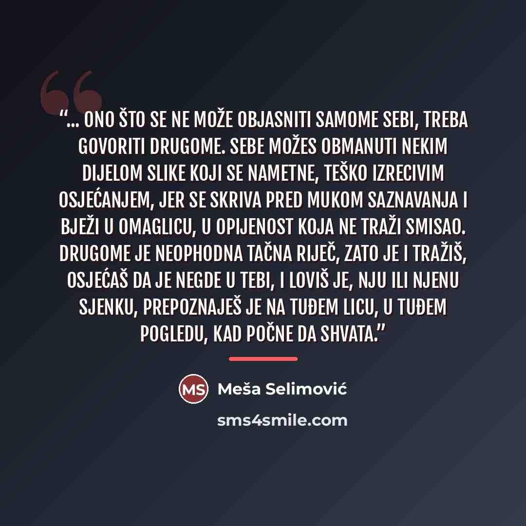 “... ono što se ne može objasniti samome sebi, treba govoriti drugome. Sebe možes obmanuti nekim dijelom slike koji se nametne, teško izrecivim osjećanjem, jer se skriva pred mukom saznavanja i bježi u omaglicu, u opijenost koja ne traži smisao. Drugome je neophodna tačna riječ, zato je i tražiš…” quote by Meša Selimović