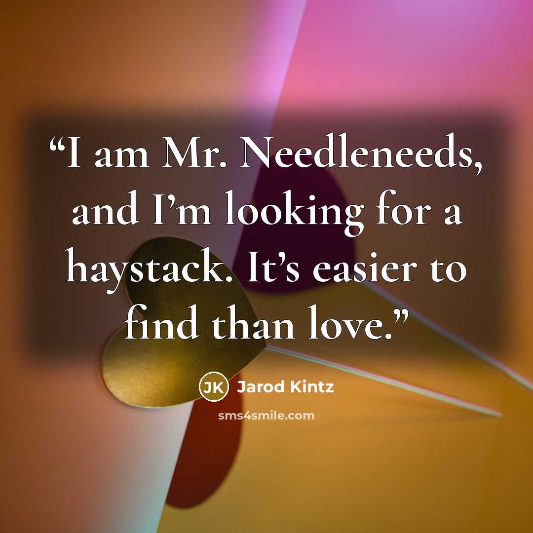 “I am Mr. Needleneeds, and I’m looking for a haystack. It’s easier to find than love.” quote by Jarod Kintz