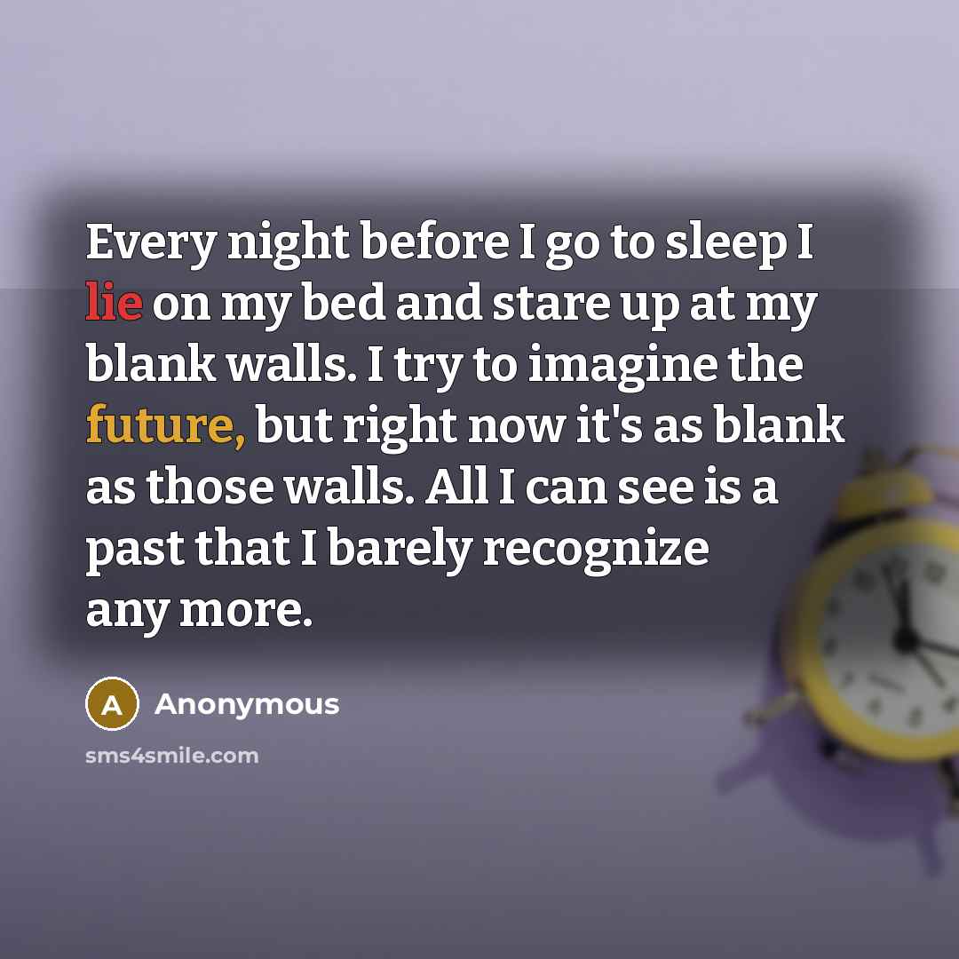 “Every night before I go to sleep I lie on my bed and stare up at my blank walls. I try to imagine the future, but right now it's as blank as those walls. All I can see is a past that I barely recognize any more.” quote by Anonymous